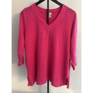 Chico's 100% Linen Tunic Pink‎ V-Neck 3/4 Sleeve Women's Size 2 (L)